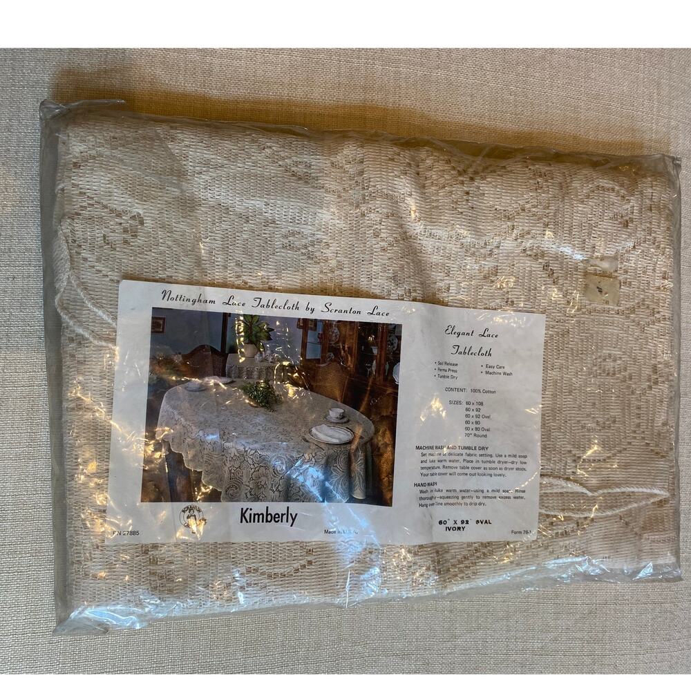 Vtg Nottingham Lace Tablecloth New Old Stock Ivory 60 x 92 Oval USA